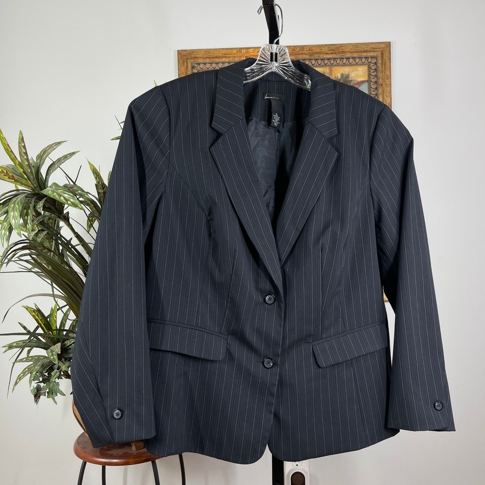 Lane Bryant Blazer Women 24 Black Polyester Pinstripe Two Button Notched Lapel